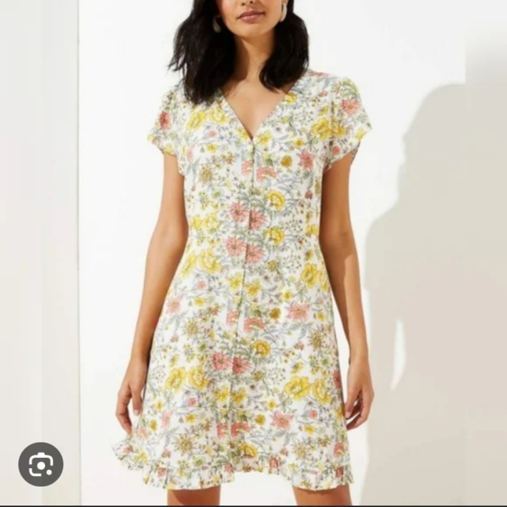 Short Sleeve Button Front V-neck Floral LOFT Dress